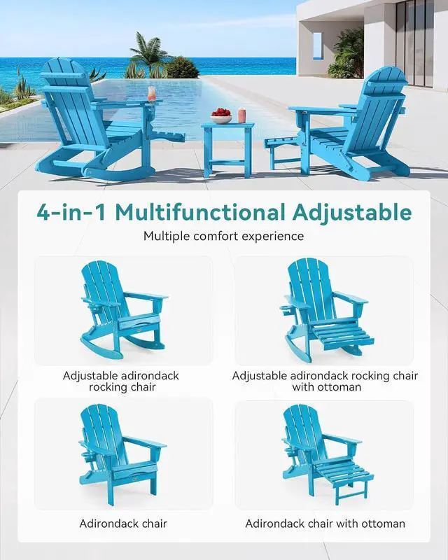 Alt view image 5 of 7 - Adjustable Adirondack Rocking Chair with Retractable Ottoman,4-in-1 Multifunctional Folding Patio Chair with Cup Holder, Outdoor Chair Wood Texture for Lawn,Porch, Backyard,Pool(Pacific Blue)
