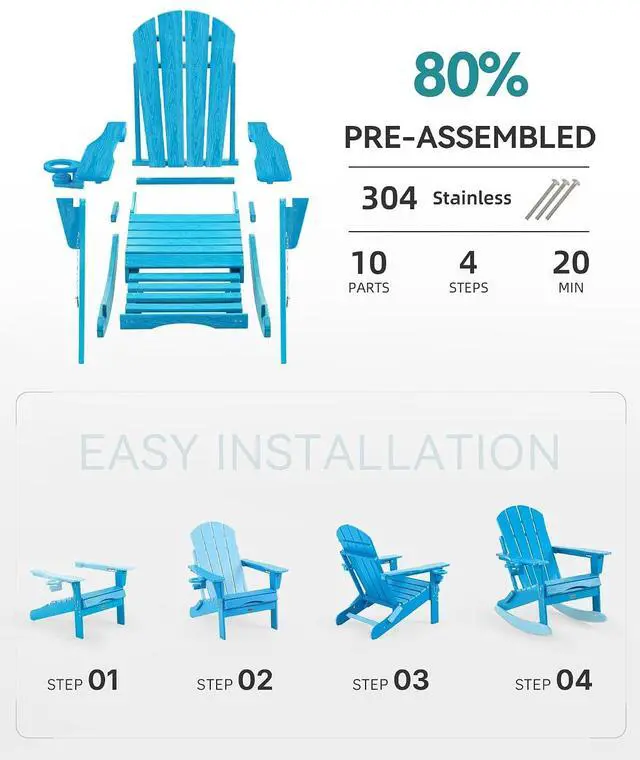 Alt view image 7 of 7 - Adjustable Adirondack Rocking Chair with Retractable Ottoman,4-in-1 Multifunctional Folding Patio Chair with Cup Holder, Outdoor Chair Wood Texture for Lawn,Porch, Backyard,Pool(Pacific Blue)