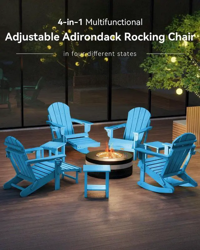 Alt view image 4 of 7 - Adjustable Adirondack Rocking Chair with Retractable Ottoman,4-in-1 Multifunctional Folding Patio Chair with Cup Holder, Outdoor Chair Wood Texture for Lawn,Porch, Backyard,Pool(Pacific Blue)