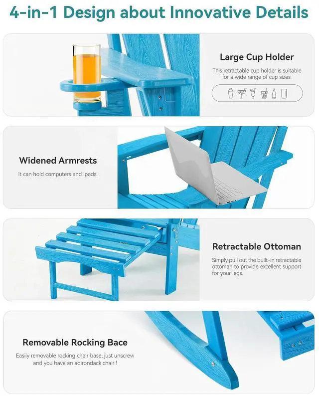 Alt view image 6 of 7 - Adjustable Adirondack Rocking Chair with Retractable Ottoman,4-in-1 Multifunctional Folding Patio Chair with Cup Holder, Outdoor Chair Wood Texture for Lawn,Porch, Backyard,Pool(Pacific Blue)