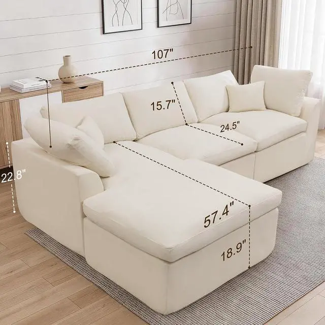 Alt view image 3 of 7 - Korser 110" Cloud Sectional Couches for Living Room, Modern Modular Sectional Sofa with Ottoman, Boneless Cloud Couch with Comfy Deep Seats, Fluffy Chenille L-Shape Sofa Couch for Living Room, Beige