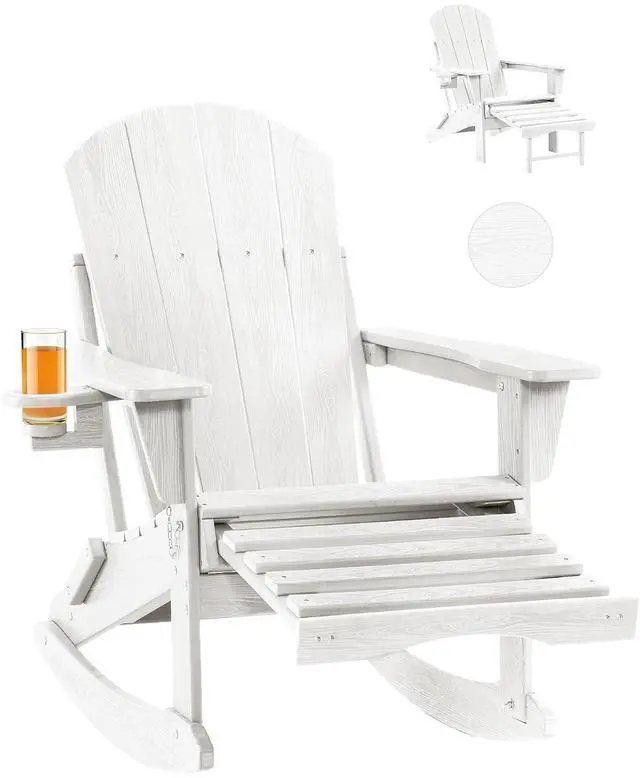 Main image of Folding Adirondack Rocking Chair,4-in-1 Multifunctional Patio Chair with Retractable Ottoman, Outdoor Chair Wood Texture, Lawn Chair for Porch, Backyard, Pool(White)
