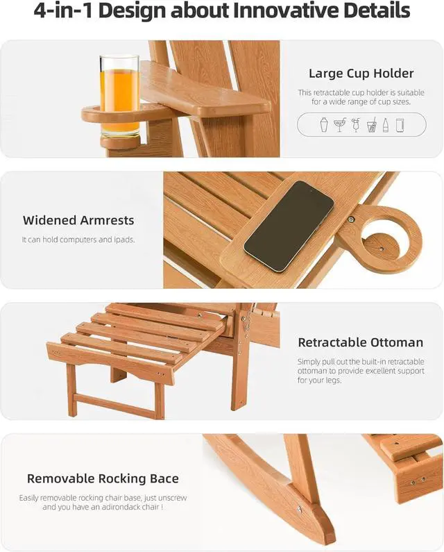 Alt view image 4 of 7 - Folding Adirondack Rocking Chair Set of 2,4-in-1 Multifunctional Patio Chairs with Retractable Ottoman, Outdoor Chairs Wood Texture, Lawn Chair for Porch, Backyard, Pool(Teak)