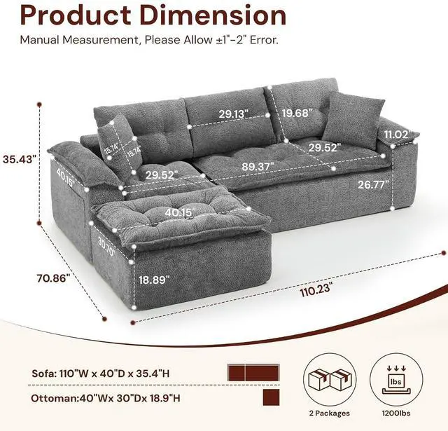 Alt view image 2 of 6 - Korser 110" Cloud Sectional Boneless Couches for Living Room, Modern Modular Sectional Sofa with Ottoman, Cloud Couch with Comfy Deep Seats, Tufted Chenille L-Shape Sofa Couch for Living Room, Grey
