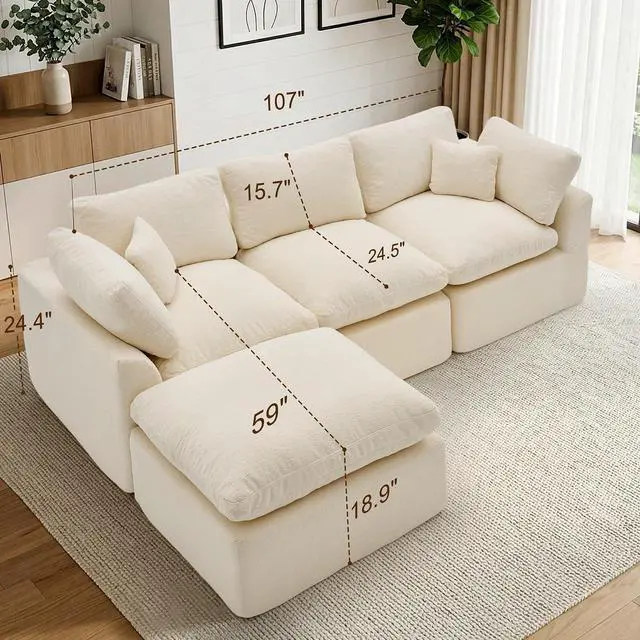 Alt view image 2 of 7 - Korser 110" Cloud Sectional Boneless Couches for Living Room, Modern Modular Sectional Sofa with Ottoman, Cloud Couch with Comfy Deep Seats, Cut Pile Chenille L-Shape Sofa Couch for Living Room, Beige