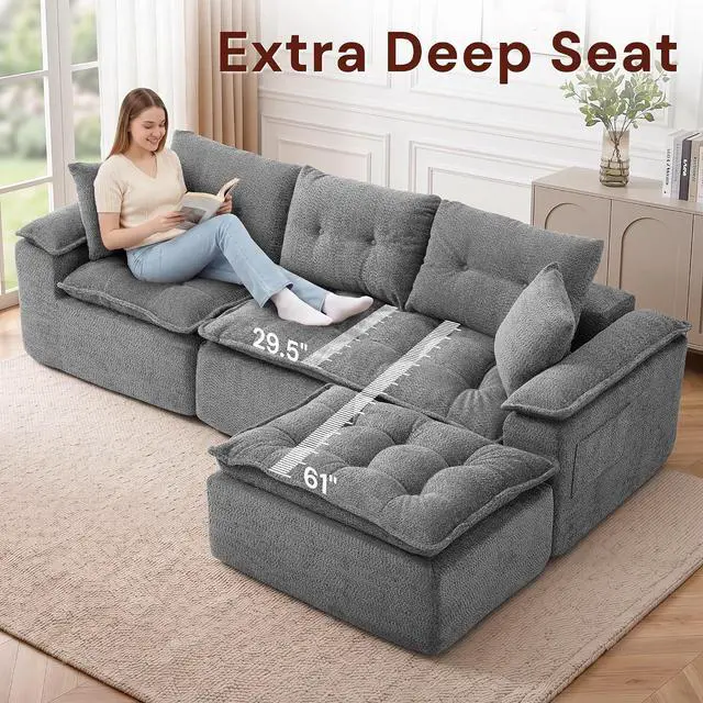 Alt view image 4 of 6 - Korser 110" Cloud Sectional Boneless Couches for Living Room, Modern Modular Sectional Sofa with Ottoman, Cloud Couch with Comfy Deep Seats, Tufted Chenille L-Shape Sofa Couch for Living Room, Grey
