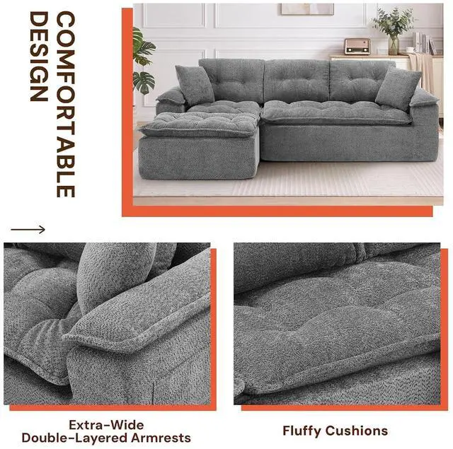Alt view image 5 of 6 - Korser 110" Cloud Sectional Boneless Couches for Living Room, Modern Modular Sectional Sofa with Ottoman, Cloud Couch with Comfy Deep Seats, Tufted Chenille L-Shape Sofa Couch for Living Room, Grey