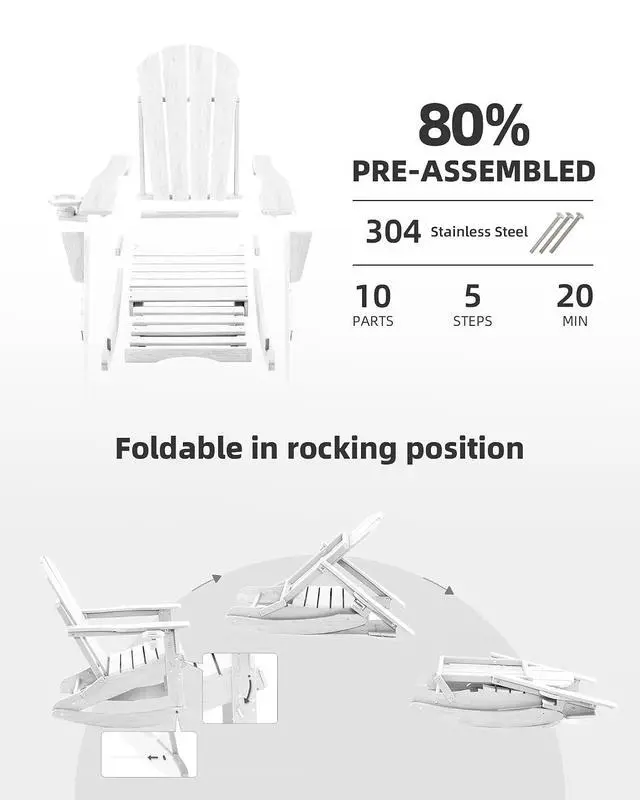 Alt view image 5 of 7 - Folding Adirondack Rocking Chair,4-in-1 Multifunctional Patio Chair with Retractable Ottoman, Outdoor Chair Wood Texture, Lawn Chair for Porch, Backyard, Pool(White)