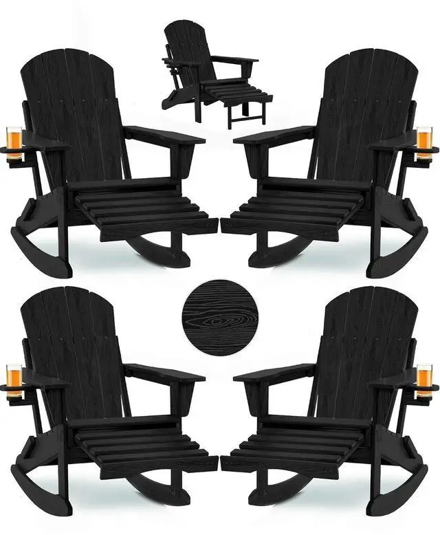 Main image of Folding Adirondack Rocking Chair Set of 4,4-in-1 Multifunctional Patio Chairs with Retractable Ottoman, Outdoor Chairs Wood Texture, Lawn Chair for Porch, Backyard, Pool(Black)