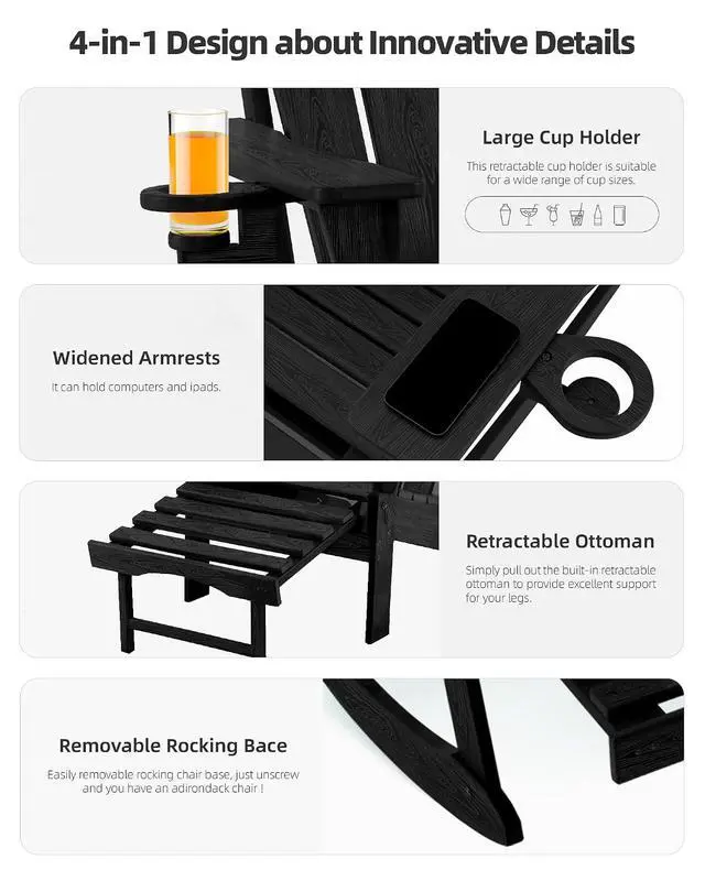 Alt view image 5 of 7 - Folding Adirondack Rocking Chair Set of 4,4-in-1 Multifunctional Patio Chairs with Retractable Ottoman, Outdoor Chairs Wood Texture, Lawn Chair for Porch, Backyard, Pool(Black)