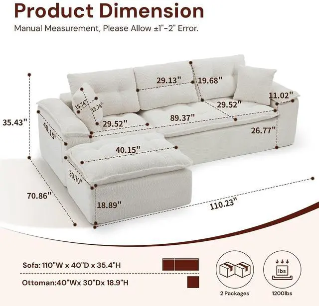 Alt view image 2 of 6 - Korser 110" Cloud Sectional Boneless Couches for Living Room, Modern Modular Sectional Sofa with Ottoman, Cloud Couch with Comfy Deep Seats, Tufted Chenille L-Shape Sofa Couch for Living Room, Beige