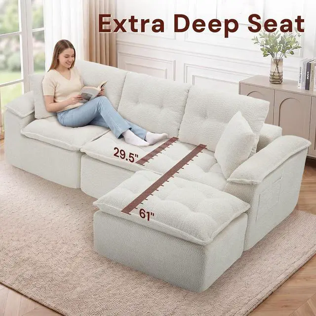 Alt view image 4 of 6 - Korser 110" Cloud Sectional Boneless Couches for Living Room, Modern Modular Sectional Sofa with Ottoman, Cloud Couch with Comfy Deep Seats, Tufted Chenille L-Shape Sofa Couch for Living Room, Beige
