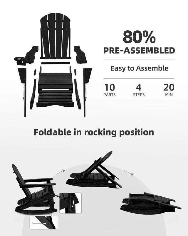 Alt view image 6 of 7 - Folding Adirondack Rocking Chair Set of 2,4-in-1 Multifunctional Patio Chairs with Retractable Ottoman, Outdoor Chairs Wood Texture, Lawn Chair for Porch, Backyard, Black