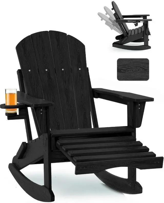 Main image of Adjustable Adirondack Rocking Chair with Retractable Ottoman, 4-in-1 Multifunctional Folding Patio Chair with Cup Holder, Outdoor Chair Wood Texture for Lawn, Porch, Backyard, Pool(Black)