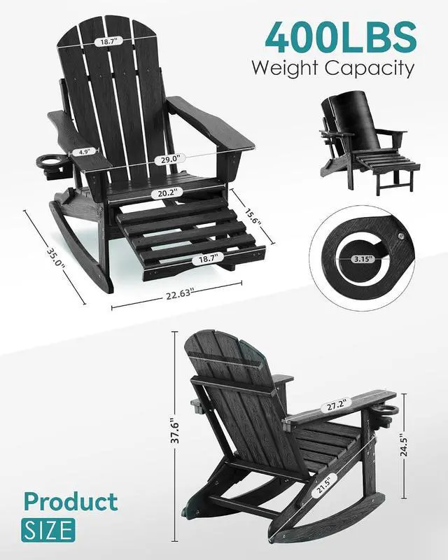 Alt view image 2 of 7 - Adjustable Adirondack Rocking Chair with Retractable Ottoman, 4-in-1 Multifunctional Folding Patio Chair with Cup Holder, Outdoor Chair Wood Texture for Lawn, Porch, Backyard, Pool(Black)