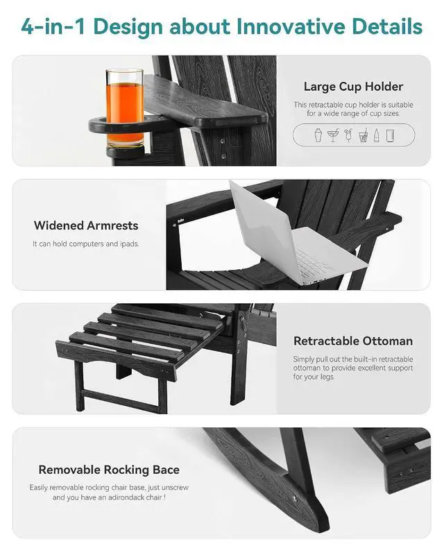 Alt view image 5 of 7 - Adjustable Adirondack Rocking Chair with Retractable Ottoman, 4-in-1 Multifunctional Folding Patio Chair with Cup Holder, Outdoor Chair Wood Texture for Lawn, Porch, Backyard, Pool(Black)