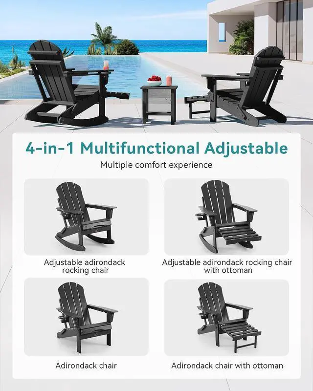 Alt view image 4 of 7 - Adjustable Adirondack Rocking Chair with Retractable Ottoman, 4-in-1 Multifunctional Folding Patio Chair with Cup Holder, Outdoor Chair Wood Texture for Lawn, Porch, Backyard, Pool(Black)