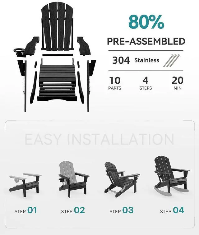 Alt view image 6 of 7 - Adjustable Adirondack Rocking Chair with Retractable Ottoman, 4-in-1 Multifunctional Folding Patio Chair with Cup Holder, Outdoor Chair Wood Texture for Lawn, Porch, Backyard, Pool(Black)