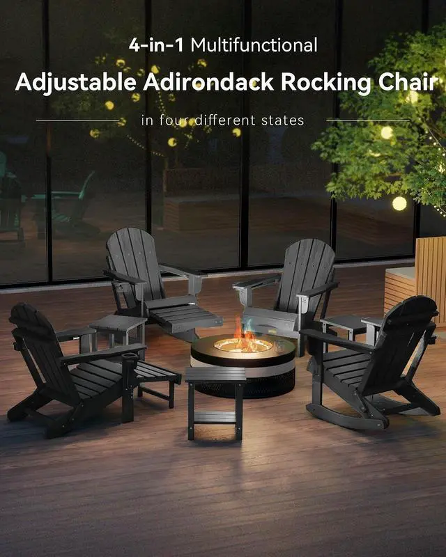 Alt view image 7 of 7 - Adjustable Adirondack Rocking Chair with Retractable Ottoman, 4-in-1 Multifunctional Folding Patio Chair with Cup Holder, Outdoor Chair Wood Texture for Lawn, Porch, Backyard, Pool(Black)