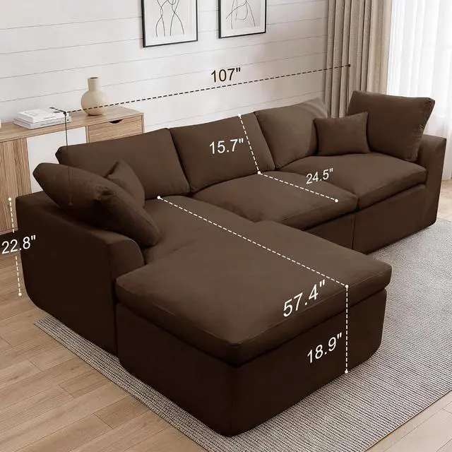Alt view image 2 of 7 - Korser 110" Cloud Sectional Couches for Living Room, Modern Modular Sectional Sofa with Ottoman, Boneless Cloud Couch with Comfy Deep Seats, Fluffy Chenille L-Shape Sofa Couch for Living Room, Brown