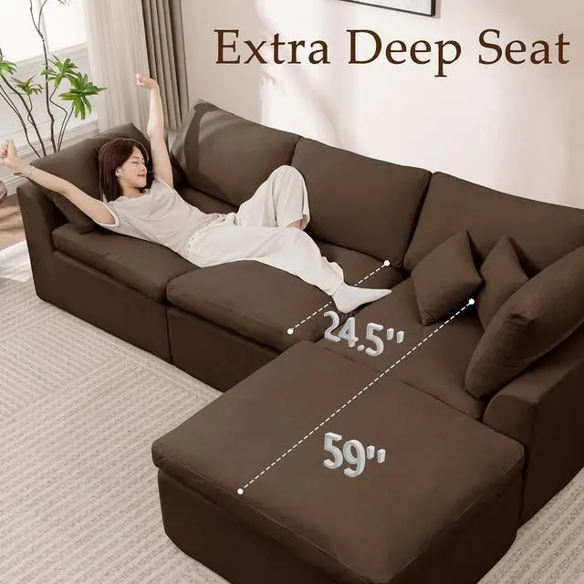 Alt view image 4 of 7 - Korser 110" Cloud Sectional Couches for Living Room, Modern Modular Sectional Sofa with Ottoman, Boneless Cloud Couch with Comfy Deep Seats, Fluffy Chenille L-Shape Sofa Couch for Living Room, Brown