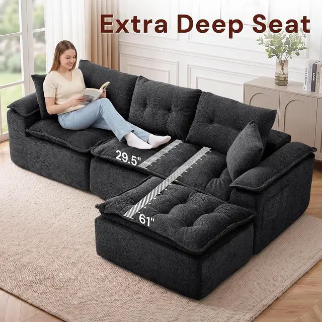 Alt view image 4 of 6 - Korser 110" Cloud Sectional Boneless Couches for Living Room, Modern Modular Sectional Sofa with Ottoman, Cloud Couch with Comfy Deep Seats, Tufted Chenille L-Shape Sofa Couch for Living Room, Black