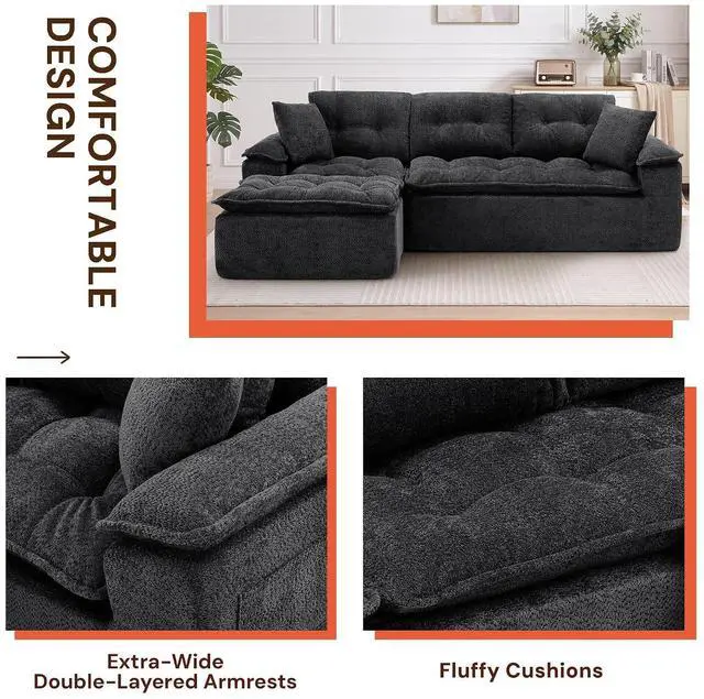 Alt view image 5 of 6 - Korser 110" Cloud Sectional Boneless Couches for Living Room, Modern Modular Sectional Sofa with Ottoman, Cloud Couch with Comfy Deep Seats, Tufted Chenille L-Shape Sofa Couch for Living Room, Black