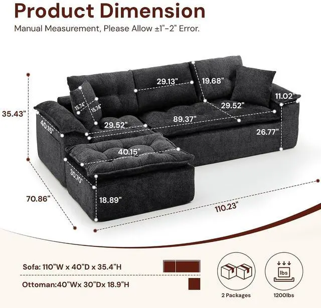 Alt view image 2 of 6 - Korser 110" Cloud Sectional Boneless Couches for Living Room, Modern Modular Sectional Sofa with Ottoman, Cloud Couch with Comfy Deep Seats, Tufted Chenille L-Shape Sofa Couch for Living Room, Black