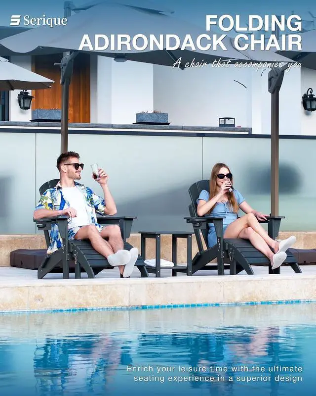 Alt view image 2 of 7 - Folding Adirondack Chair, Patio Chair Wood Texture, Outdoor Chair Weather Resistant, Fire Pit Chair with Cup Holder, Composite Adirondack Chair Set of 2