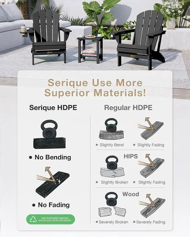 Alt view image 6 of 7 - Folding Adirondack Chair, Patio Chair Wood Texture, Outdoor Chair Weather Resistant, Fire Pit Chair with Cup Holder, Composite Adirondack Chair Set of 2