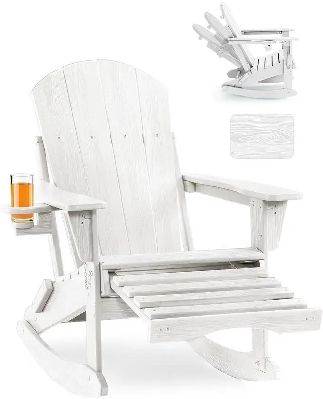 Main image of Adjustable Adirondack Rocking Chair with Retractable Ottoman, 4-in-1 Multifunctional Folding Patio Chair with Cup Holder, Outdoor Chair Wood Texture for Lawn,Porch, Backyard,Pool(White)