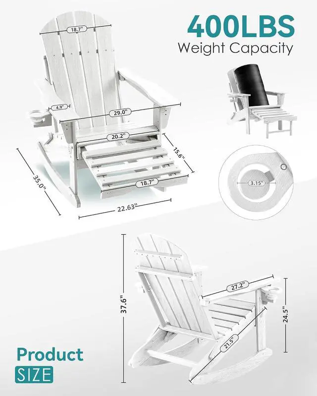 Alt view image 2 of 7 - Adjustable Adirondack Rocking Chair with Retractable Ottoman, 4-in-1 Multifunctional Folding Patio Chair with Cup Holder, Outdoor Chair Wood Texture for Lawn,Porch, Backyard,Pool(White)