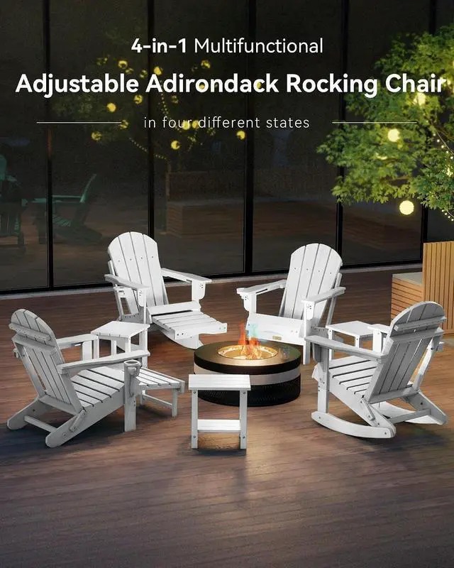Alt view image 3 of 7 - Adjustable Adirondack Rocking Chair with Retractable Ottoman, 4-in-1 Multifunctional Folding Patio Chair with Cup Holder, Outdoor Chair Wood Texture for Lawn,Porch, Backyard,Pool(White)