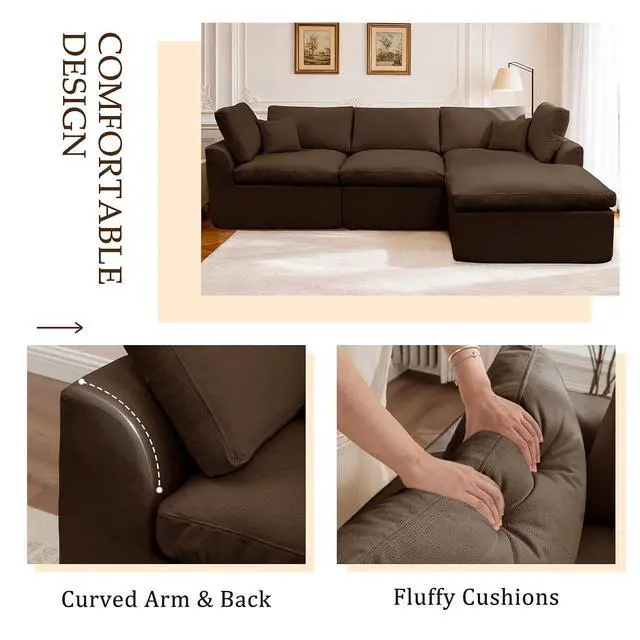 Alt view image 5 of 7 - Korser 110" Cloud Sectional Couches for Living Room, Modern Modular Sectional Sofa with Ottoman, Boneless Cloud Couch with Comfy Deep Seats, Fluffy Chenille L-Shape Sofa Couch for Living Room, Brown