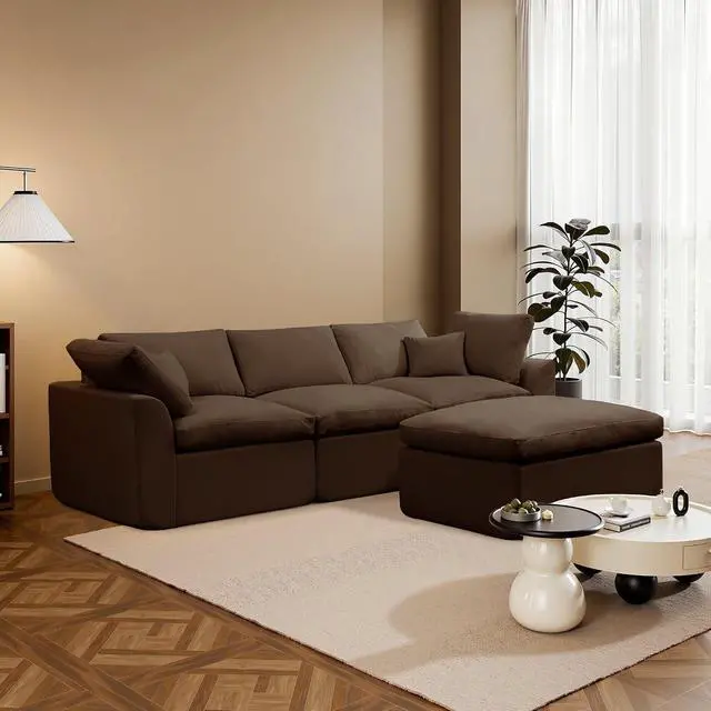 Alt view image 7 of 7 - Korser 110" Cloud Sectional Couches for Living Room, Modern Modular Sectional Sofa with Ottoman, Boneless Cloud Couch with Comfy Deep Seats, Fluffy Chenille L-Shape Sofa Couch for Living Room, Brown