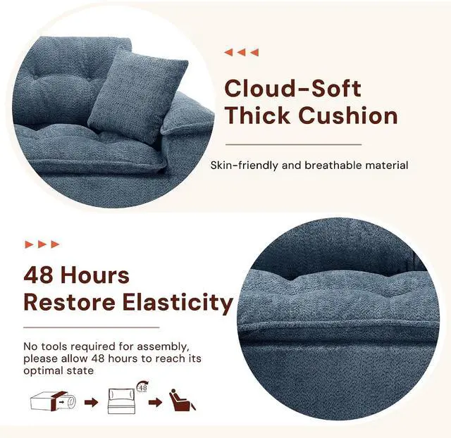 Alt view image 3 of 6 - Korser 110" Cloud Sectional Boneless Couches for Living Room, Modern Modular Sectional Sofa with Ottoman, Cloud Couch with Comfy Deep Seats, Tufted Chenille L-Shape Sofa Couch for Living Room, Blue