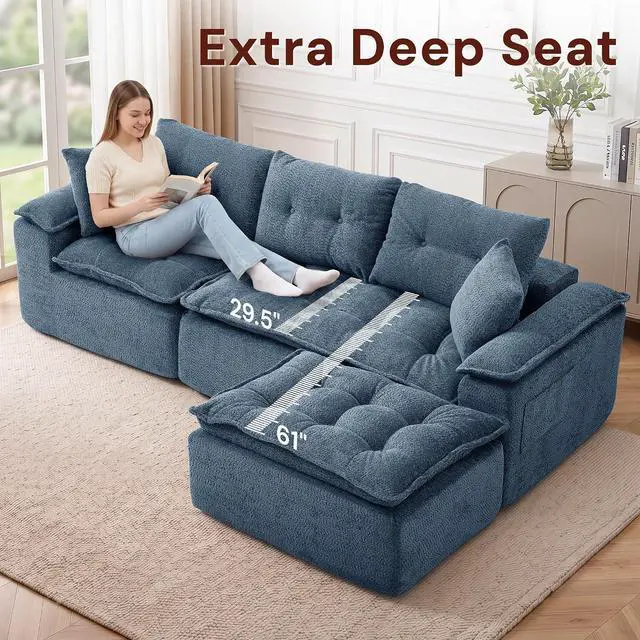 Alt view image 4 of 6 - Korser 110" Cloud Sectional Boneless Couches for Living Room, Modern Modular Sectional Sofa with Ottoman, Cloud Couch with Comfy Deep Seats, Tufted Chenille L-Shape Sofa Couch for Living Room, Blue