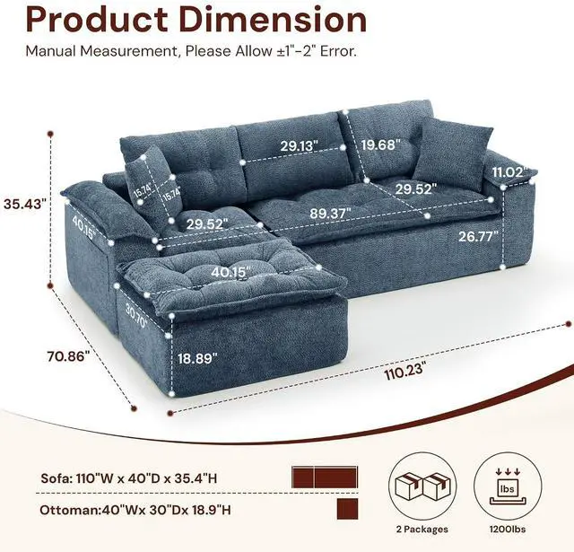Alt view image 2 of 6 - Korser 110" Cloud Sectional Boneless Couches for Living Room, Modern Modular Sectional Sofa with Ottoman, Cloud Couch with Comfy Deep Seats, Tufted Chenille L-Shape Sofa Couch for Living Room, Blue
