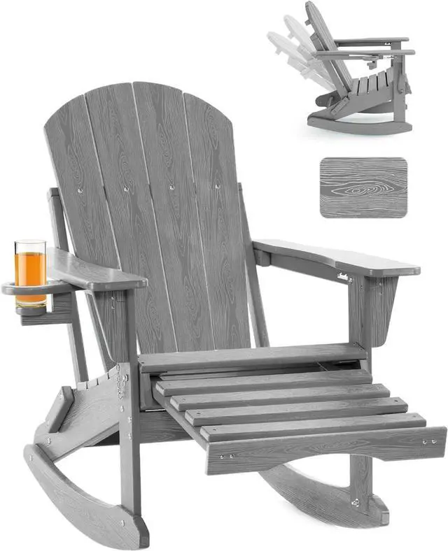 Main image of Adjustable Adirondack Rocking Chair with Retractable Ottoman, 4-in-1 Multifunctional Folding Patio Chair with Cup Holder, Outdoor Chair Wood Texture for Lawn, Porch, Backyard, Pool(Grey)