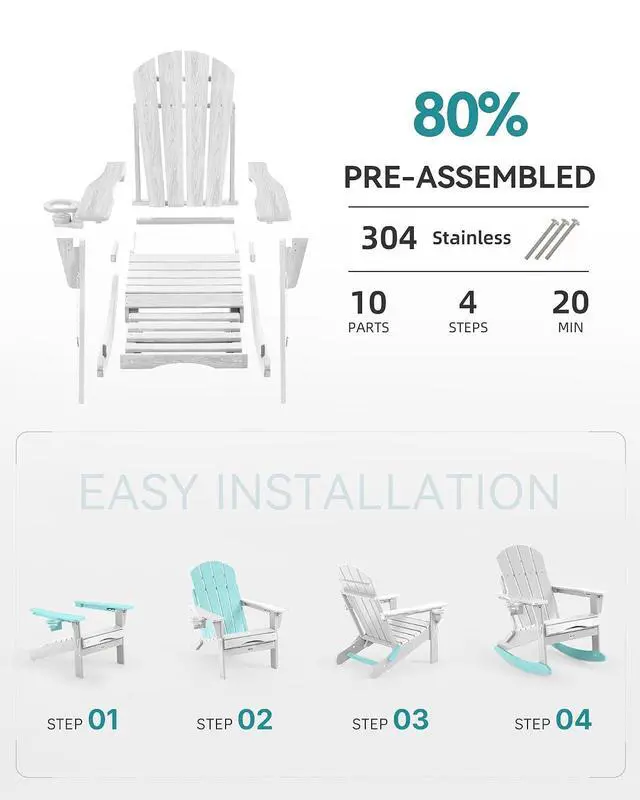 Alt view image 7 of 7 - Adjustable Adirondack Rocking Chair with Retractable Ottoman, 4-in-1 Multifunctional Folding Patio Chair with Cup Holder, Outdoor Chair Wood Texture for Lawn,Porch, Backyard,Pool(White)