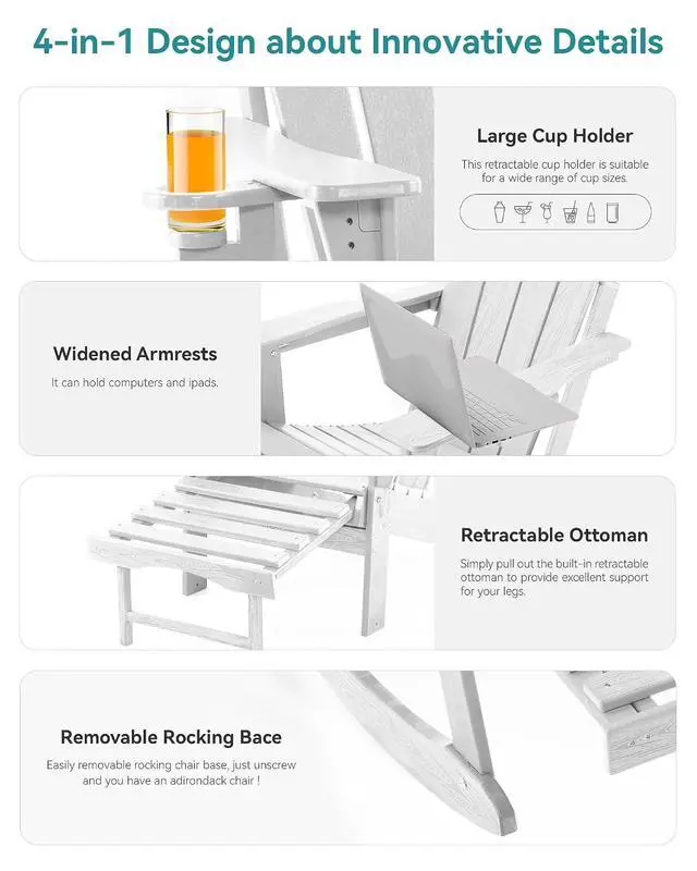 Alt view image 6 of 7 - Adjustable Adirondack Rocking Chair with Retractable Ottoman, 4-in-1 Multifunctional Folding Patio Chair with Cup Holder, Outdoor Chair Wood Texture for Lawn,Porch, Backyard,Pool(White)