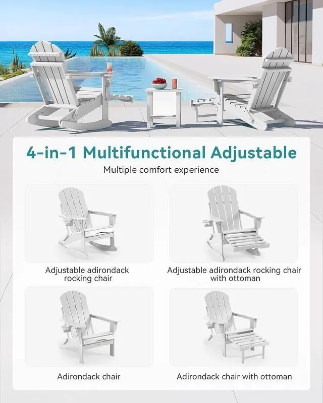 Alt view image 5 of 7 - Adjustable Adirondack Rocking Chair with Retractable Ottoman, 4-in-1 Multifunctional Folding Patio Chair with Cup Holder, Outdoor Chair Wood Texture for Lawn,Porch, Backyard,Pool(White)