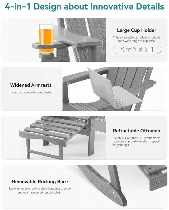Alt view image 5 of 7 - Adjustable Adirondack Rocking Chair with Retractable Ottoman, 4-in-1 Multifunctional Folding Patio Chair with Cup Holder, Outdoor Chair Wood Texture for Lawn, Porch, Backyard, Pool(Grey)