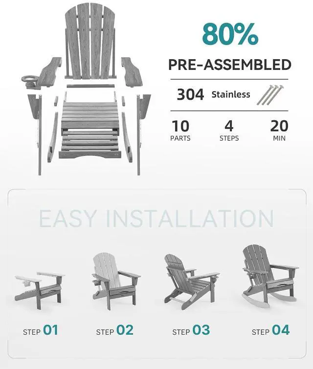 Alt view image 6 of 7 - Adjustable Adirondack Rocking Chair with Retractable Ottoman, 4-in-1 Multifunctional Folding Patio Chair with Cup Holder, Outdoor Chair Wood Texture for Lawn, Porch, Backyard, Pool(Grey)