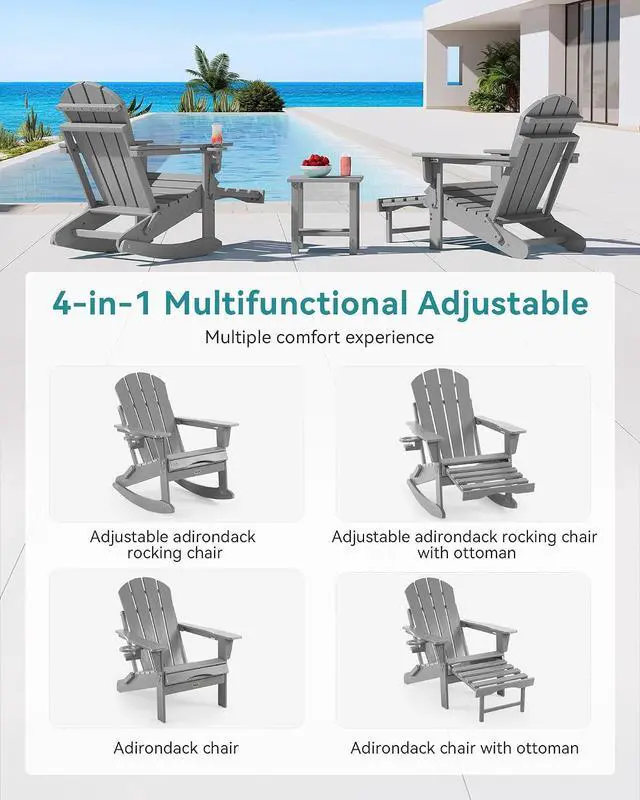 Alt view image 4 of 7 - Adjustable Adirondack Rocking Chair with Retractable Ottoman, 4-in-1 Multifunctional Folding Patio Chair with Cup Holder, Outdoor Chair Wood Texture for Lawn, Porch, Backyard, Pool(Grey)