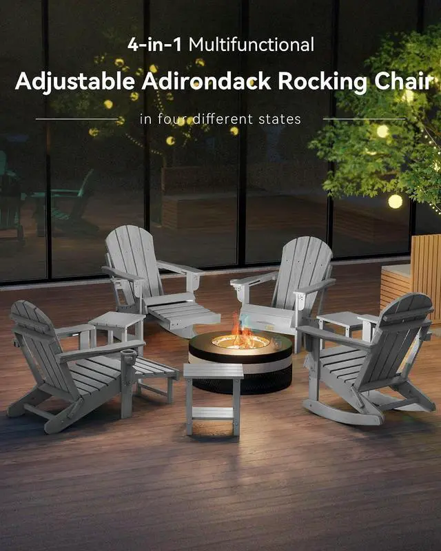 Alt view image 7 of 7 - Adjustable Adirondack Rocking Chair with Retractable Ottoman, 4-in-1 Multifunctional Folding Patio Chair with Cup Holder, Outdoor Chair Wood Texture for Lawn, Porch, Backyard, Pool(Grey)