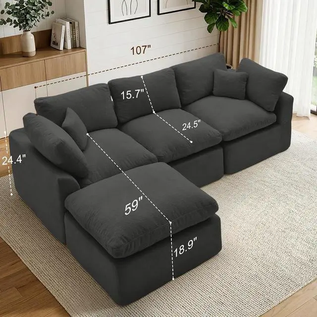 Alt view image 2 of 7 - Korser 110" Cloud Sectional Boneless Couches for Living Room, Modern Modular Sectional Sofa with Ottoman, Cloud Couch with Comfy Deep Seats, Cut Pile Chenille L-Shape Sofa Couch for Living Room, Grey