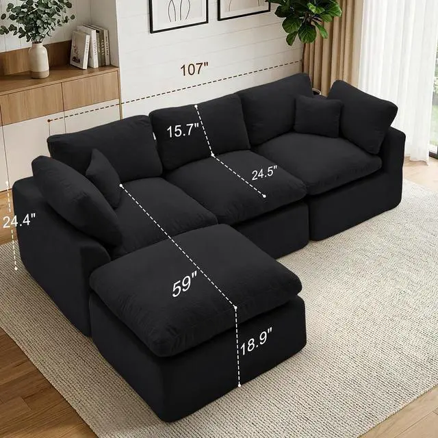 Alt view image 2 of 7 - Korser 110" Cloud Sectional Boneless Couches for Living Room, Modern Modular Sectional Sofa with Ottoman, Cloud Couch with Comfy Deep Seats, Cut Pile Chenille L-Shape Sofa Couch for Living Room, Black