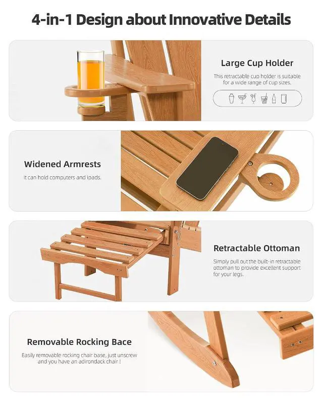 Alt view image 5 of 7 - Folding Adirondack Rocking Chair Set of 4,4-in-1 Multifunctional Patio Chairs with Retractable Ottoman, Outdoor Chairs Wood Texture, Lawn Chair for Porch, Backyard, Pool(Teak)