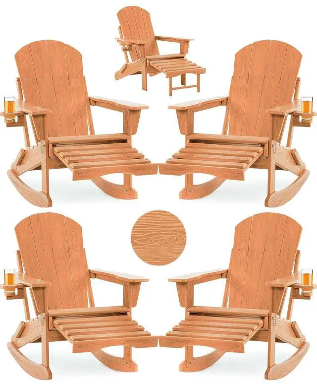 Main image of Folding Adirondack Rocking Chair Set of 4,4-in-1 Multifunctional Patio Chairs with Retractable Ottoman, Outdoor Chairs Wood Texture, Lawn Chair for Porch, Backyard, Pool(Teak)